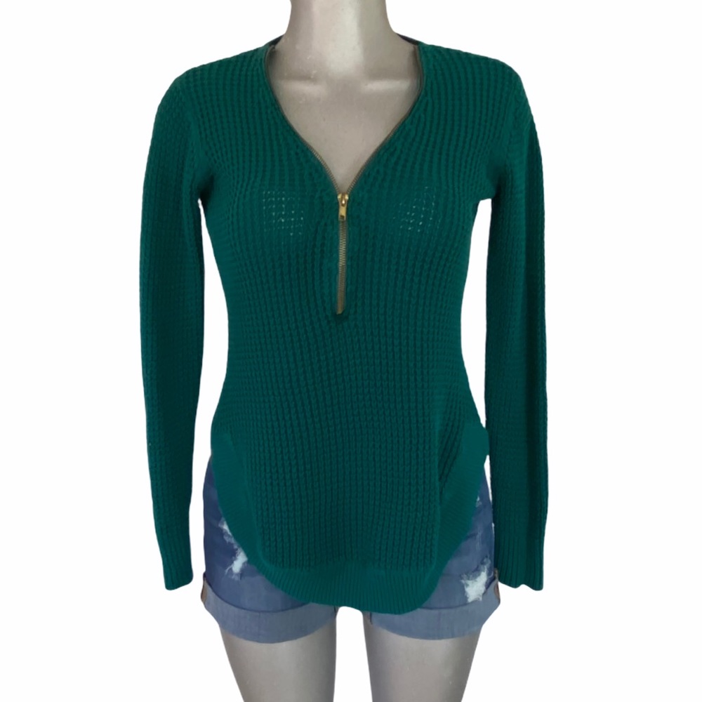 Crochet Sweater V Neck Jumper Forest Green Open Knit 1/2 Zipper Round Hem Slits